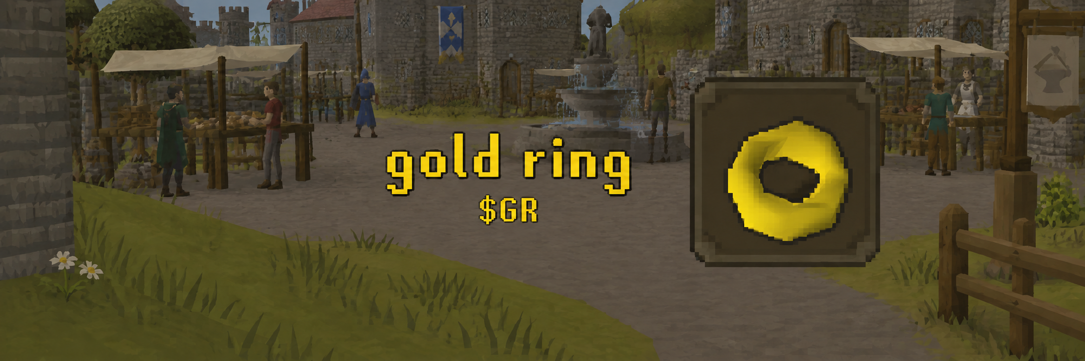 Gold ring and $GR over a nostalgic RuneScape-style town